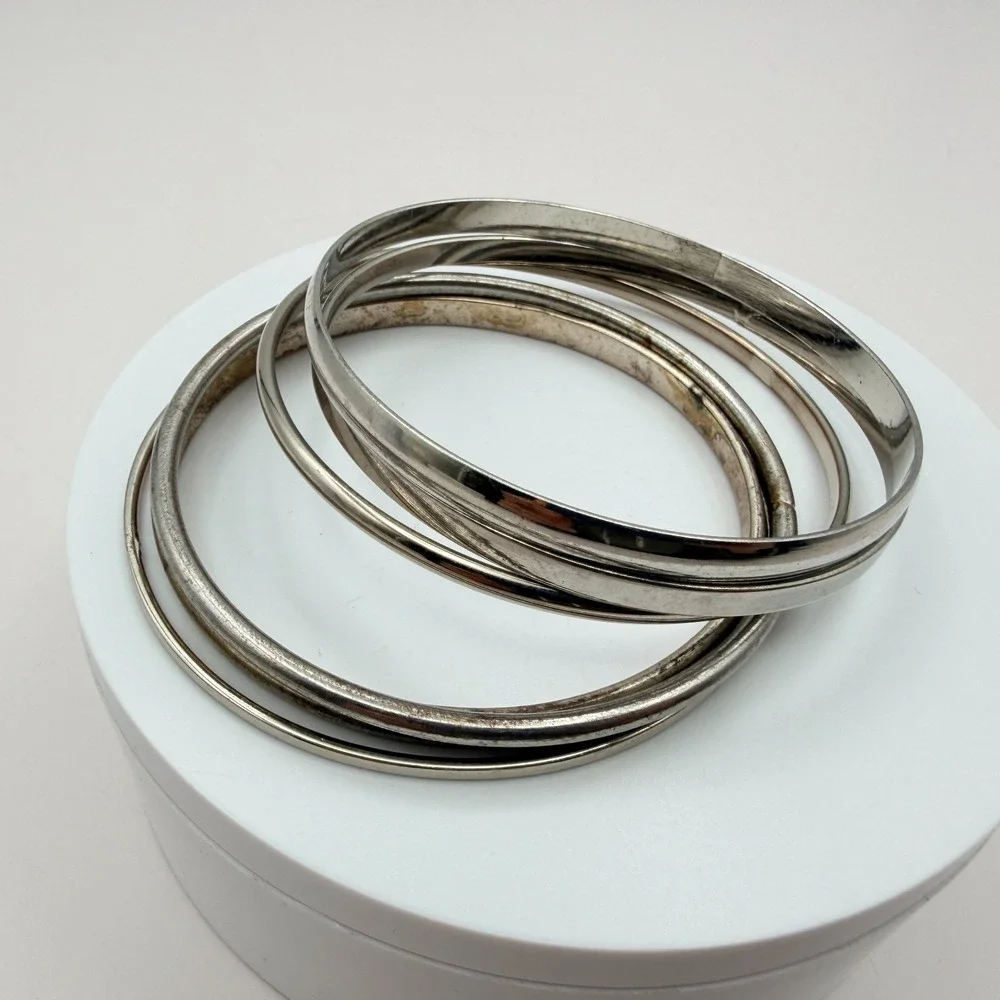 Vintage 90s Silver Tone Minimalist Bangles‎ Set Women's Classic Fashion Jewelry